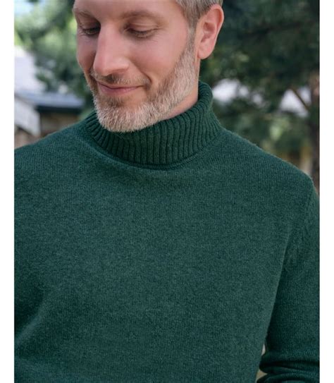 Dark Green Marl Pure Lambswool Mens Lambswool Polo Neck Jumper