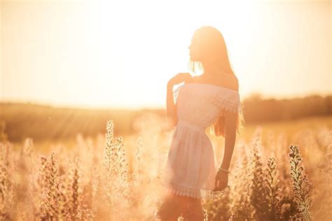 Sunlight Women Brunette Field Photography Dress Morning Sun Rays Plains Emotion Person