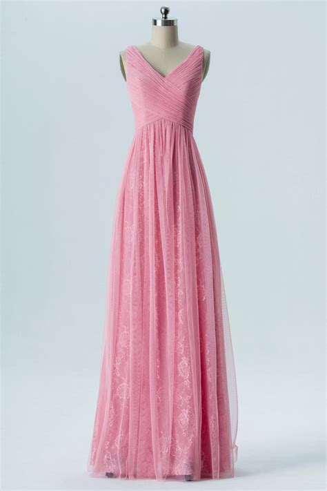 Robe Longue Rose Pour Cérémonie Mariage Encolure En V Plissée En