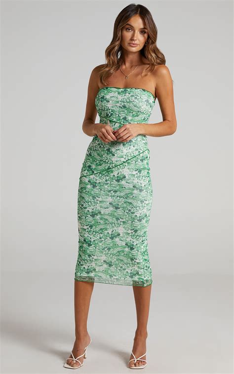 Brunetta Midi Dress Strapless Mesh Dress In Green Furnishing Florals