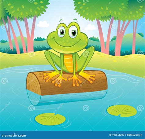 Cute Smiling Frog Sitting On Top Of A Log In A Pond Stock Vector