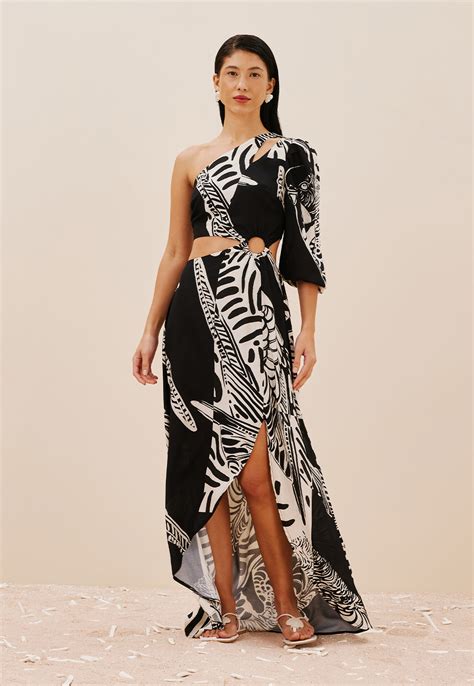 Vestido Ombro S Estampado Plume Cacay Carioca Brasileira E Latina