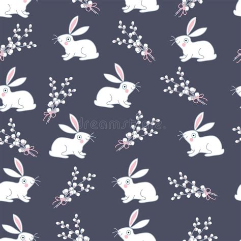 Seamless Pattern With White Rabbit And Pussy Willow Bouquet Stock