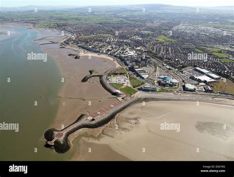 Aerial View Of Morecambe Town And Seafront Sea Defences And Beaches In