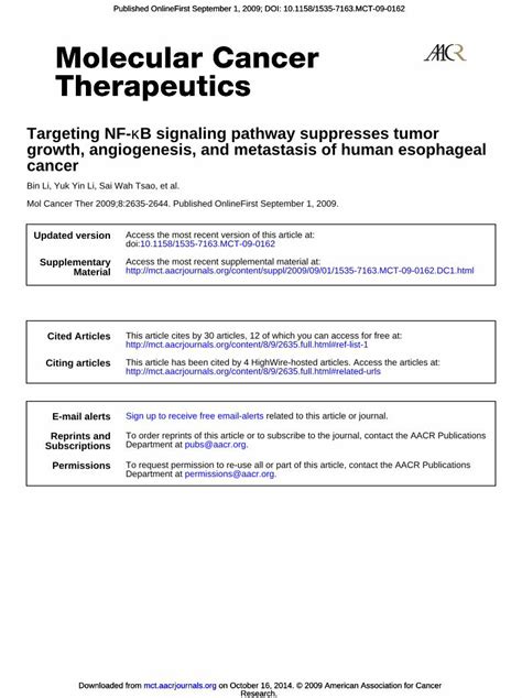 PDF Targeting NF B Signaling Pathway Suppresses Tumor Growth