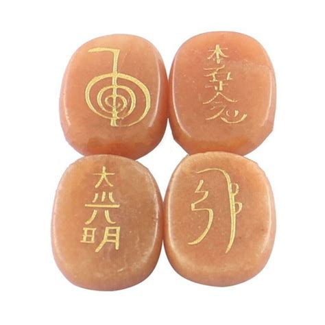 1 Set 4pcs Engraved Usui Reiki Symbol Healing Sanskrit Palm Crystal