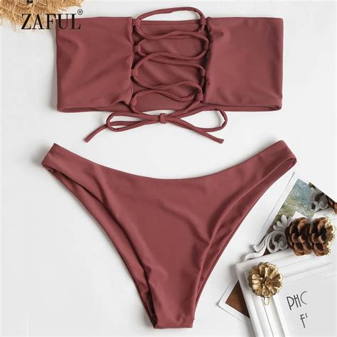 Zaful Lace Up Bandeau Bikini Swimwear Women Unlined Swimsuit Sexy Low