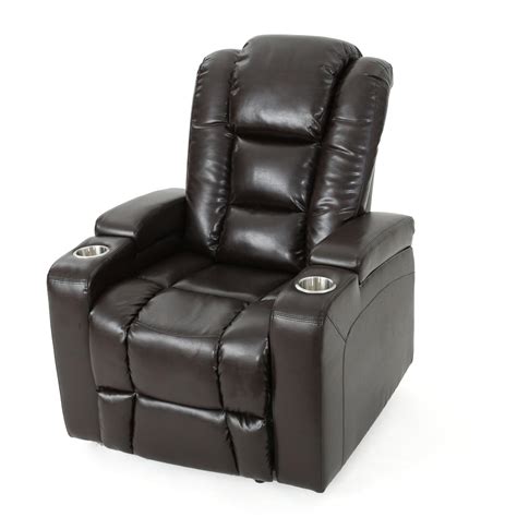 Everette Brown Leather Power Recliner With Storage, Cup Holder, and US ...