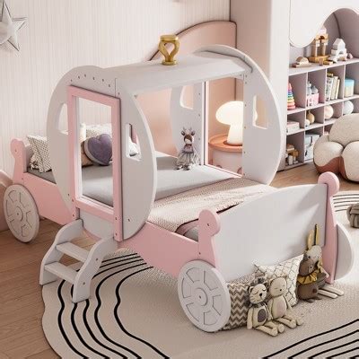 Twin Size Princess Carriage Bed With Crown, Wood Platform Car Bed With ...