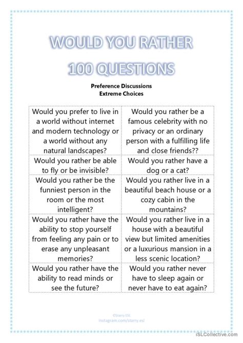 100 WOULD YOU RATHER QUESTIONS SP English ESL Worksheets Pdf Doc