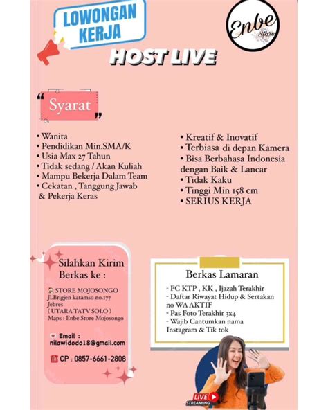 Lowongan Kerja Juni 2024 Host Live Enbe Store Di Solo Info Loker Solo