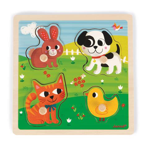 Puzzle bois tactile premiers animaux 4 pièces Janod Puzzle Aubert