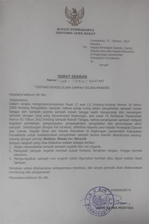 Surat Edaran Bupati Tentang Pengelolaan Sampah Di Purwakarta KIM