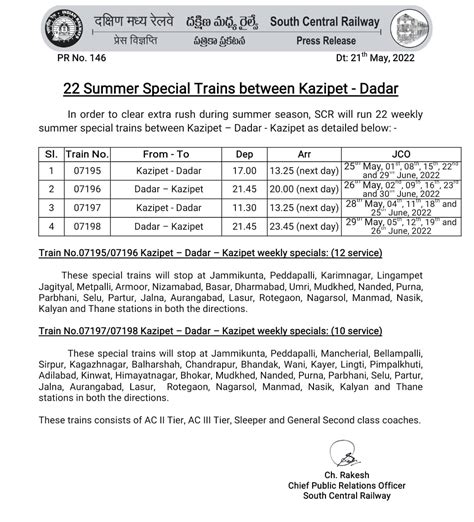 South Central Railway On Twitter 22 Summer Special Trains Between