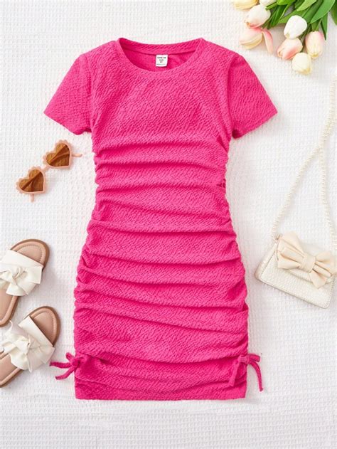 Shein Vestido De Ni A Preadolescente Con Cord N Fruncido Y Nudo Lateral