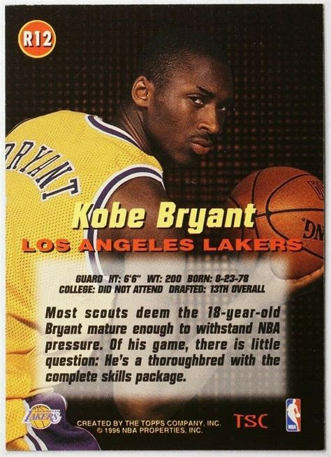 Kobe Bryant Topps Stadium Club R Rare Rookie Card Rc Insert