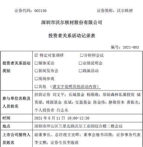 投资者关系活动记录表 沃尔核材