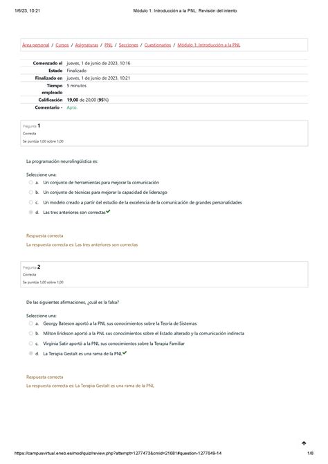 Módulo 1 Introducción a la PNL Revisión del intento Área personal