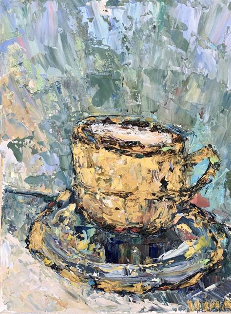 Golden Coffee Cup Impasto Oil Painting On Canvas Painting by Vilma ...