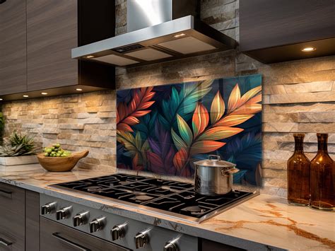 Glass Stove Top Cover Abstract Leaves Kitchen Wall Decor For Etsy