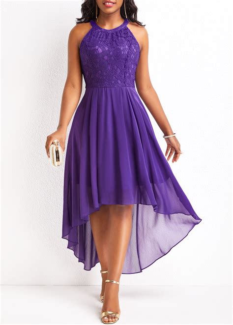 Round Neck Lace Purple High Low Sleeveless Dress Rosewe USD 39 98