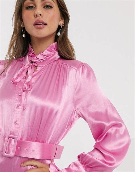 Bardot Belted Satin Mini Dress In Pink Asos Pink Satin Blouse Satin