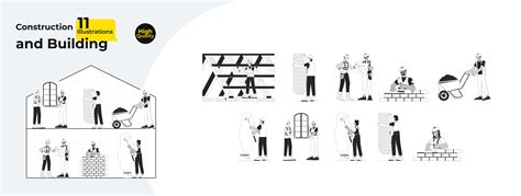 Home Construction Site Black And White Cartoon Flat Illustration Bundle