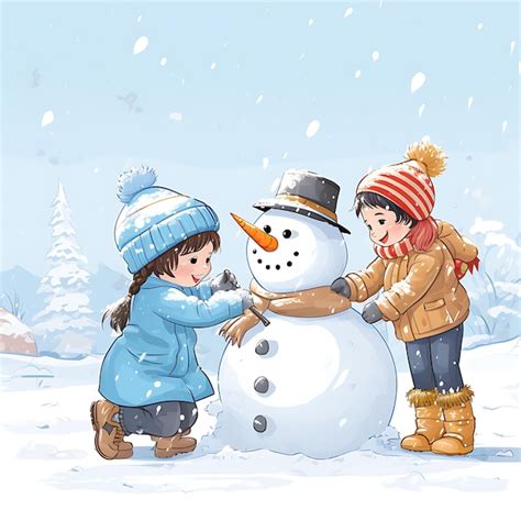 Premium Photo | Watercolor Art of Children Making Snowman Kids Building ...