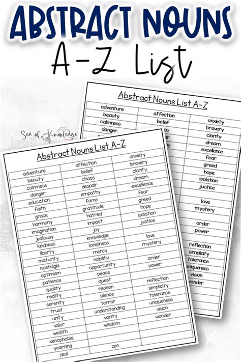 Abstract Nouns List - A-Z PDF Print Out