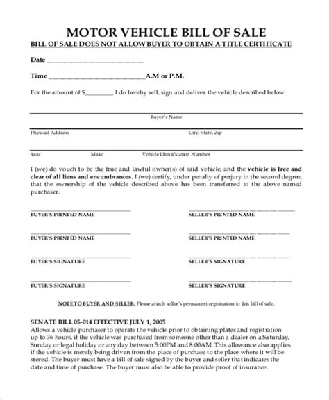 Nc Vehicle Bill Of Sale Form Printable