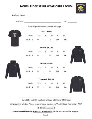 Fillable Online North Ridge Spirit Wear Order Form Fax Email Print