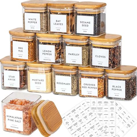 5oz Glass Jars Set With Spice Labelssquare Spice Jars With Bamboo Lidssticker Labels Food