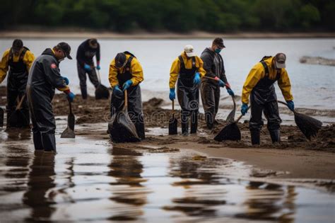 Oil Spill Cleanup Crew Removing Oil From The Water And Cleaning Of The