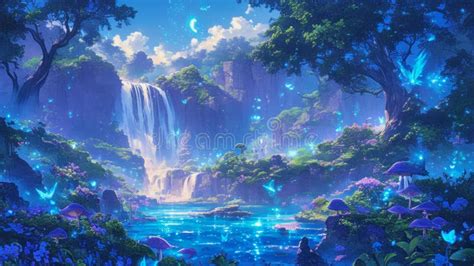 Anime Illustration of a Beautiful Waterfall in Bioluminescent Fantasy ...