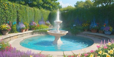 Premium Photo | A water fountain in a garden with flowers and plants.