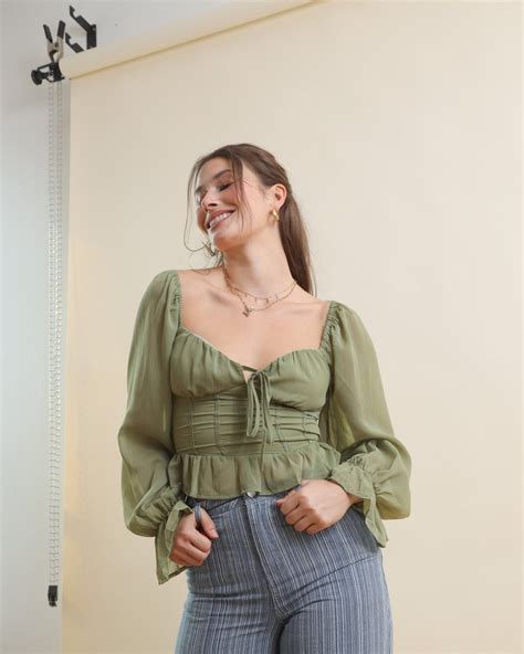 Sage Green Tie Front Long Sleeve Corset Top Cindy Jane Boutique