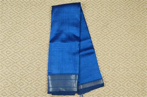 Tvis And Bliss Peacock Blue Plain Mangalagiri Silk Saree With Silver