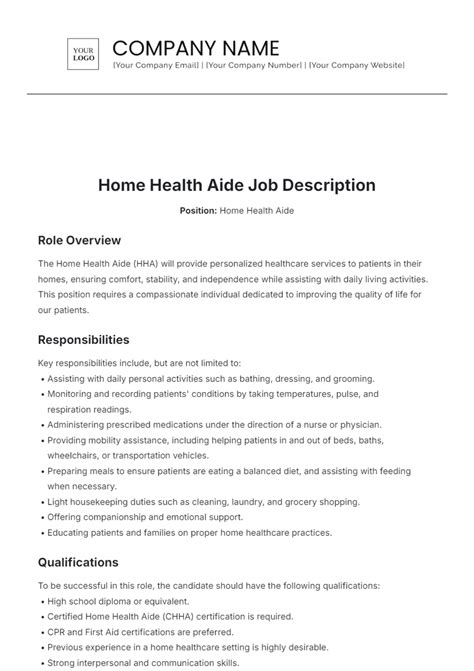 Free Home Health Aide Job Description Template to Edit Online