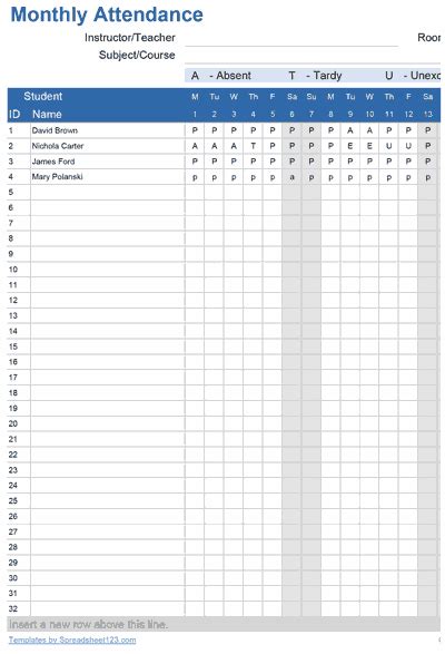 Printable Attendance Trackers for Excel