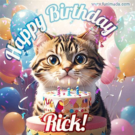 Happy birthday gif for Rick with cat and cake | Funimada.com