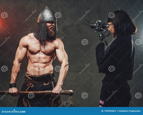 Naked Guy With Axe In Fashion Of Viking Poses For Camera Stock Image Image Of Male Northern