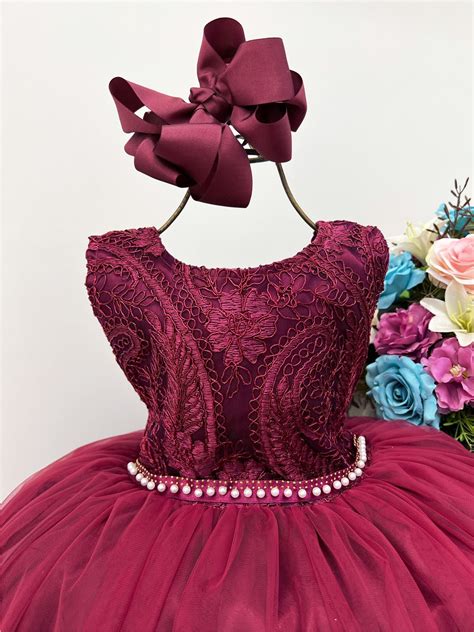 Vestido Infantil Marsala Renda C Cinto de Pérolas Strass Rosa