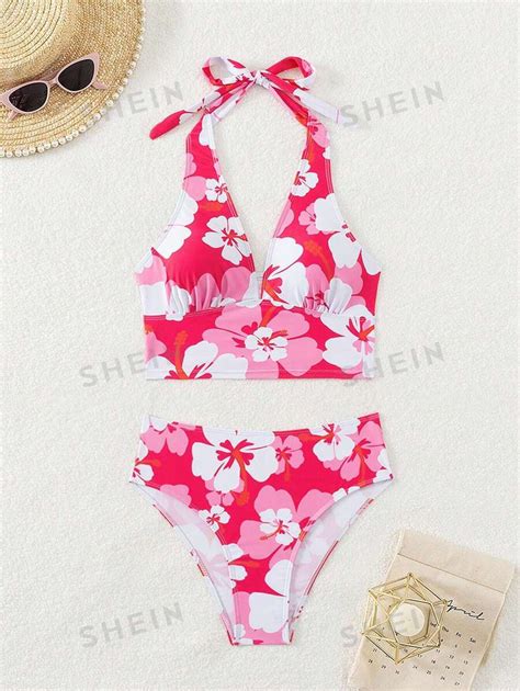 SHEIN VCAY Conjunto de Maiô Bikini feminino estampas florais top