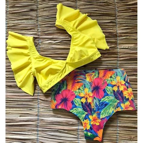 MAILLOT DE BAIN nouveau Bikini fleuri à volants Bikini ensemble femmes col en v taille