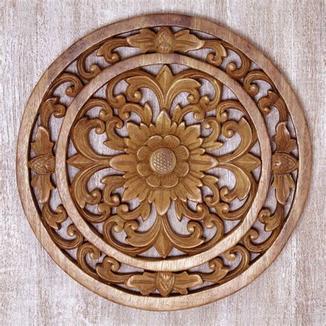 Hand Carved Balinese Circular Floral Wood Relief Panel Temple Flower