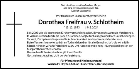 Traueranzeigen Von Dorothea Freifrau V Schlotheim Trauer Anzeigen De