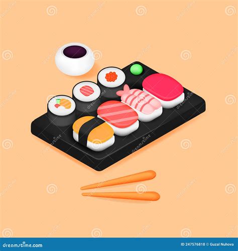 3d Cartoon Sushi Asian Food Realistic Set with Chopsticks on Chalkboard ...