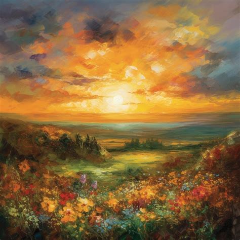 Premium AI Image | A painting of a sunset with a field of flowers in ...