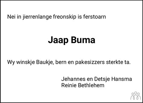 Jakob Jaap Buma Overlijdensbericht En Condoleances