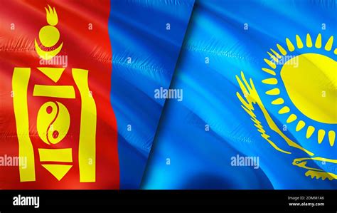 Mongolia And Kazakhstan Flags 3D Waving Flag Design Mongolia